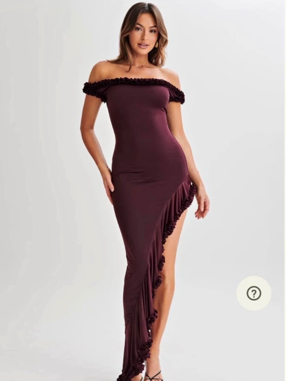 Meshki Arielle Dress- Off Shoulder Ruffle Midi Dress - Plum